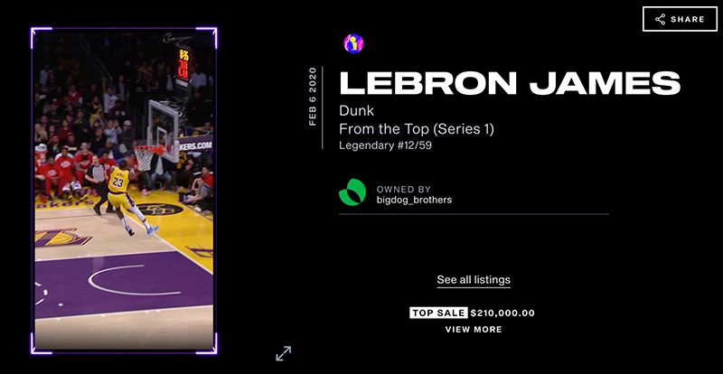 Online listing for NFT featuring LeBron James - Dunk - From the Top (Series 1).